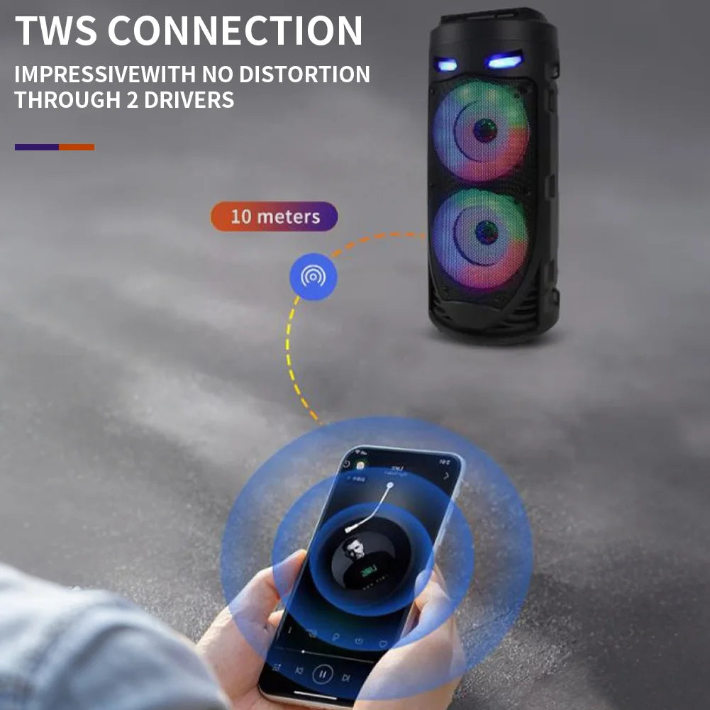 BT Speaker Portable Speaker with Double Subwoofer Deep Bass Lights Loud Boombox Support USB/TF/AUX/FM/BT/MIC for Outdoor Party