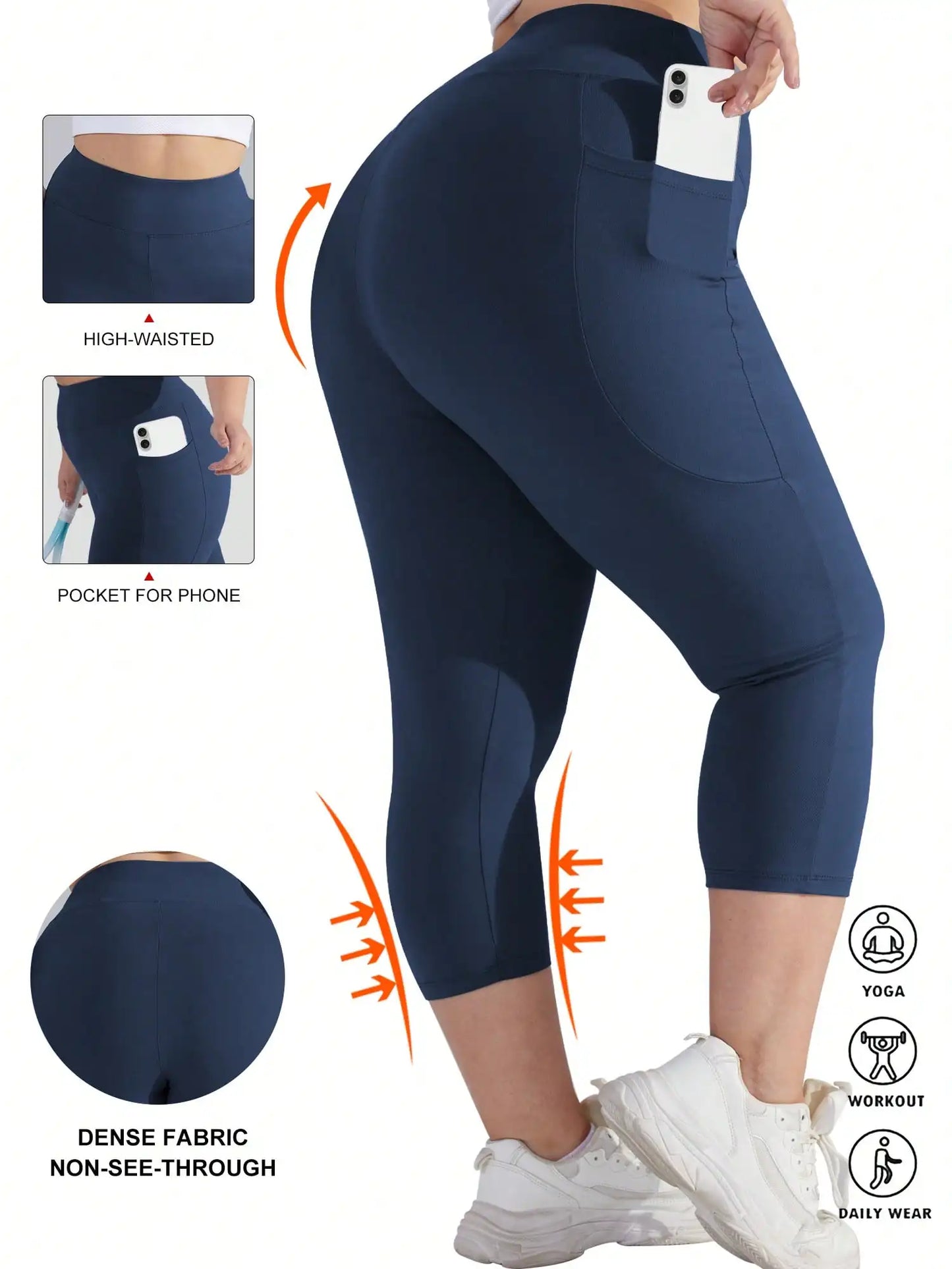 Womens Plus Size High Waist 7/8 Leggings With Side Pockets Stretch Yoga Pants