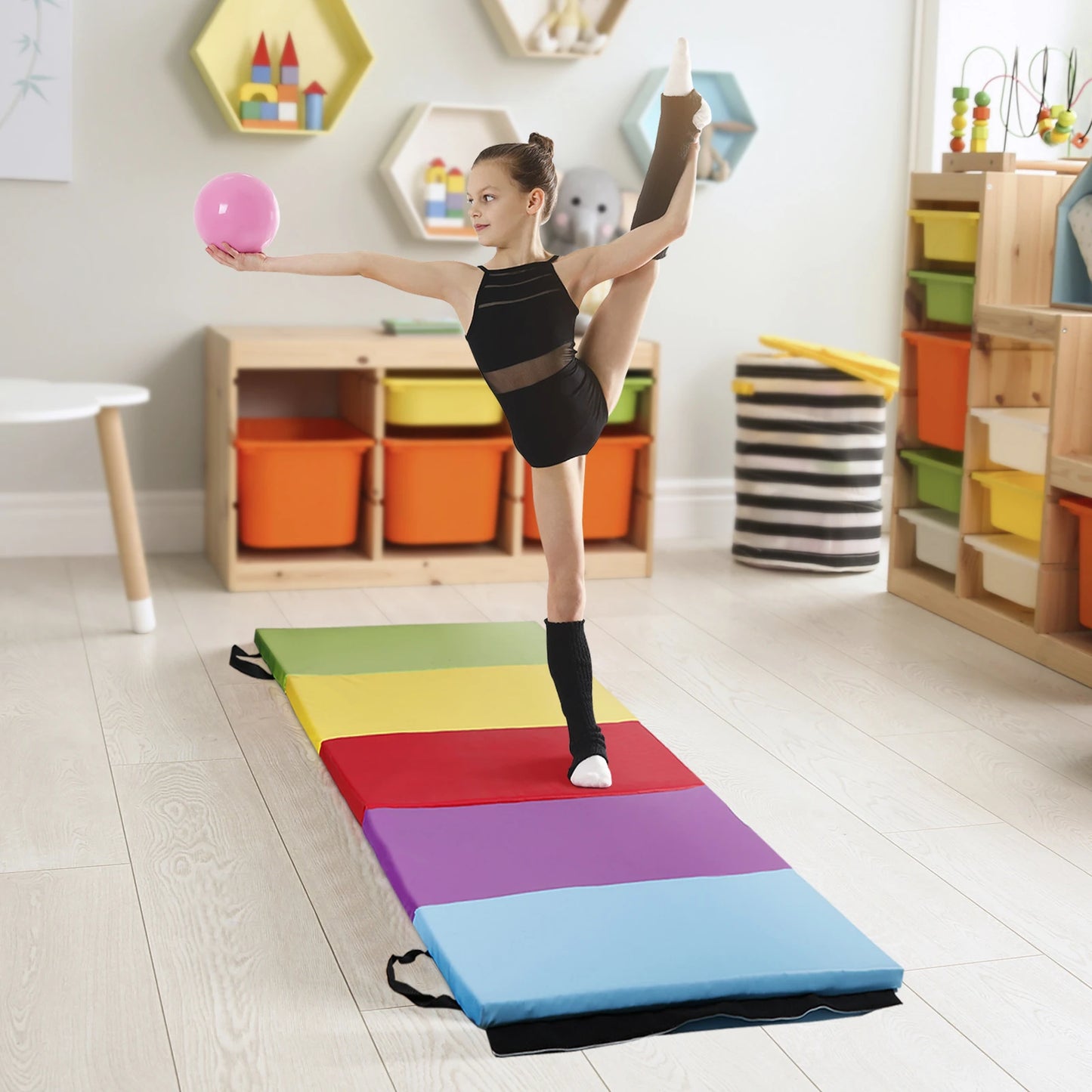 6'x2.5' Gymnastics Mat Foldable Tumbling Mat for Kids w/Carrying Handle Rainbow