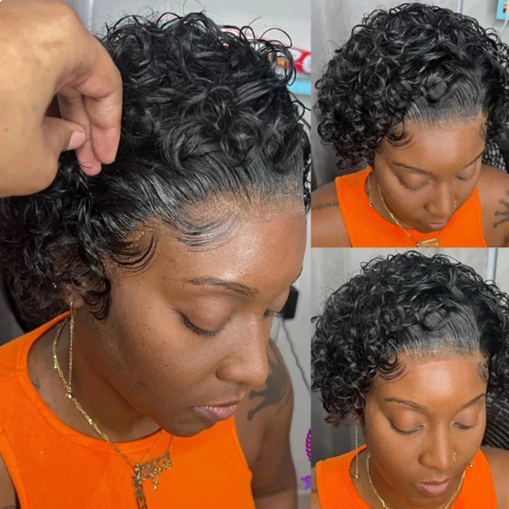 200% Destiny Short Pixie Cut Wig Peruvian Water Wave Human Hair Wigs For Black Women Deep Curly 13X1 Lace Front Wigs for Women