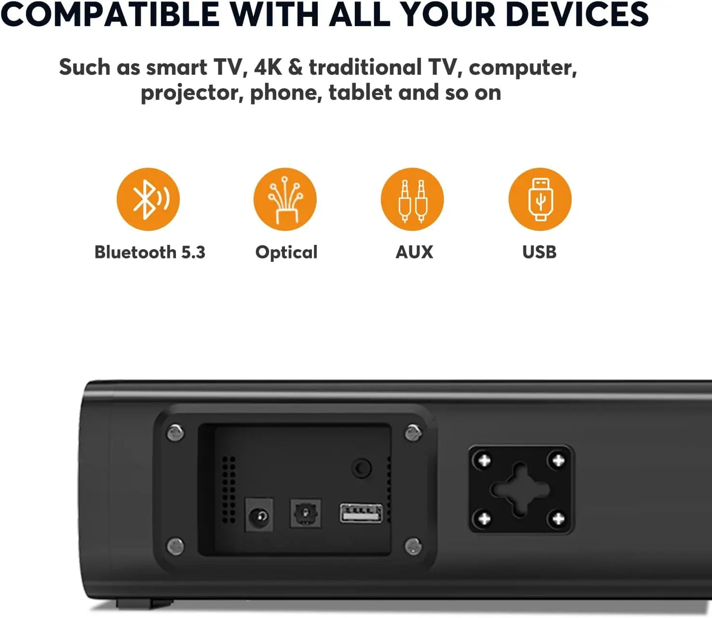 2.1 Sound Bar for TV with Built-in Subwoofer, Bluetooth 5.3, Optical/AUX/USB, Wall Mount, 6 Voice Levels