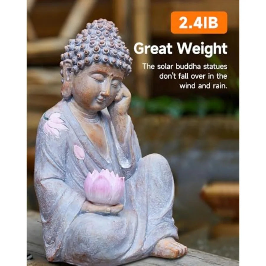 Buddha Statue Outdoor with Lotus Flower Light, IP65 Waterproof Solar Statue Lights, Outdoor Statues for Garden, Zen Decor for G