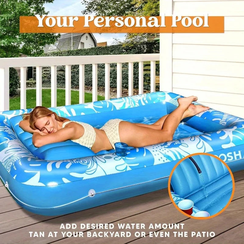 JOYFY 4 in 1 Suntan Tub Raft Floatie Inflatable Tanning Pool  70" x 46" Pool Floats Adult with Pillow for Water Party Gifts
