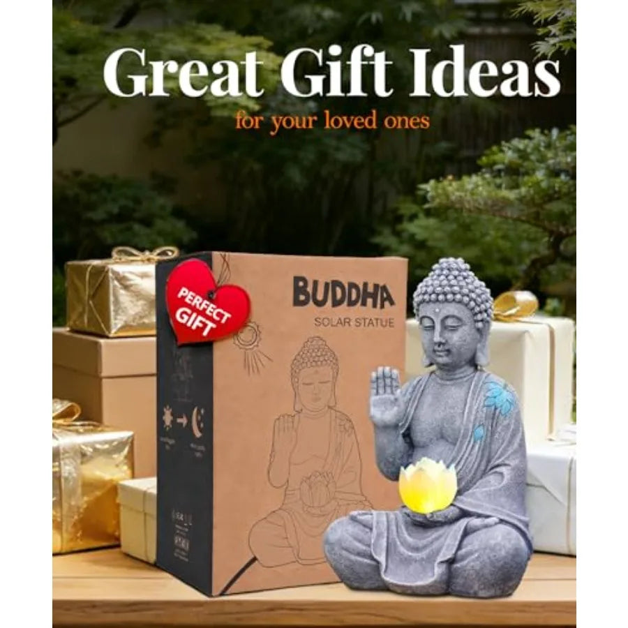 Solar Buddha Garden Statues with Lotus Flower: Resin Zen Decor Waterproof Sculpture Outdoor Light Design for Outside Patio Lawn