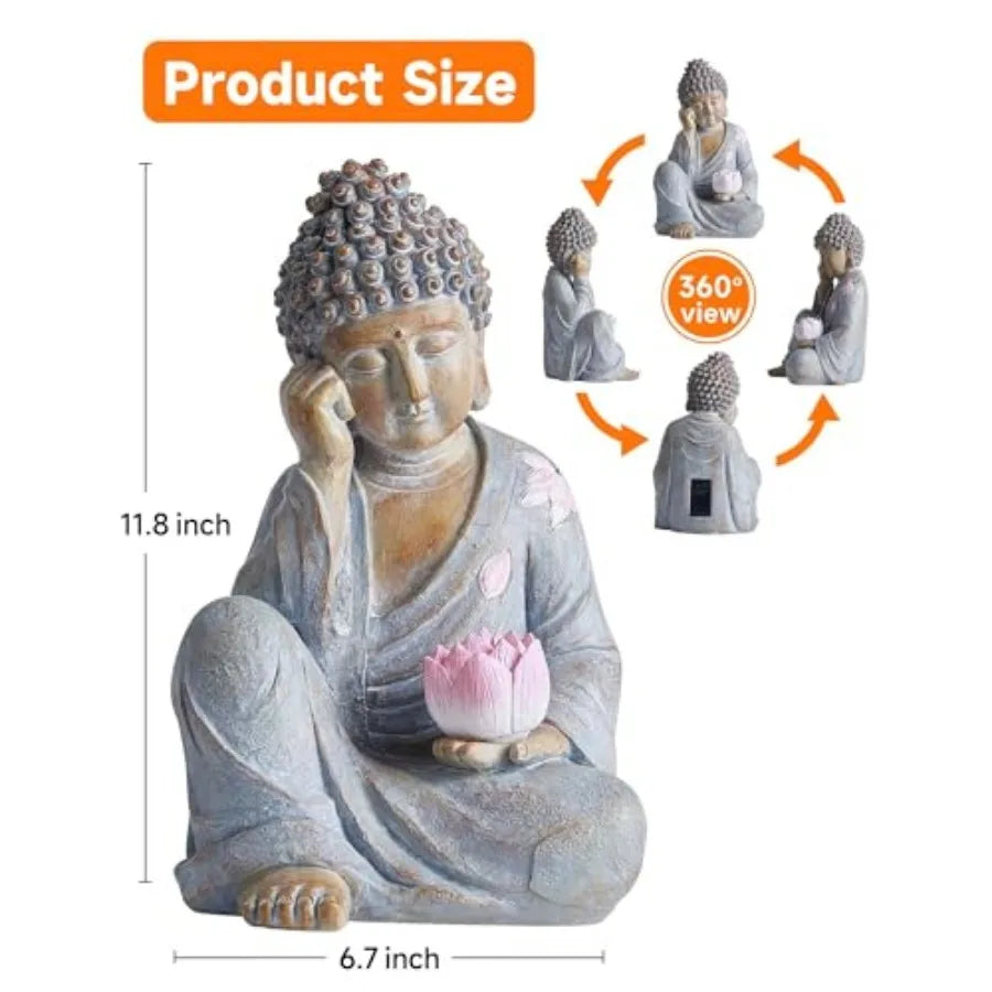 Buddha Statue Outdoor with Lotus Flower Light, IP65 Waterproof Solar Statue Lights, Outdoor Statues for Garden, Zen Decor for G