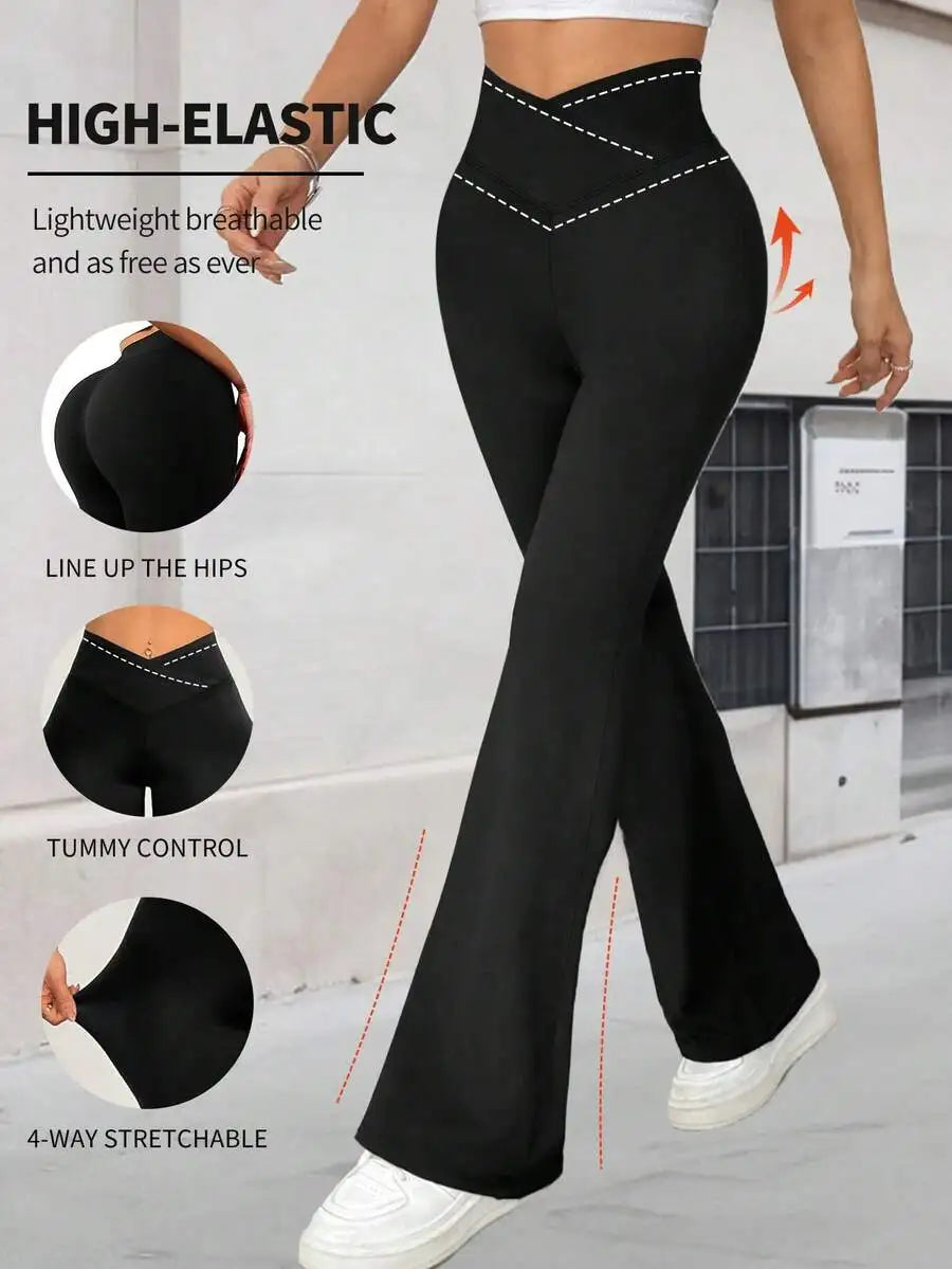 [Extremely Soft] Criss-Cross Elastic Flare Pants, Minimalist High Waist Commuting & Yoga Pants, Sexy Casual Sports Leggings, Sin