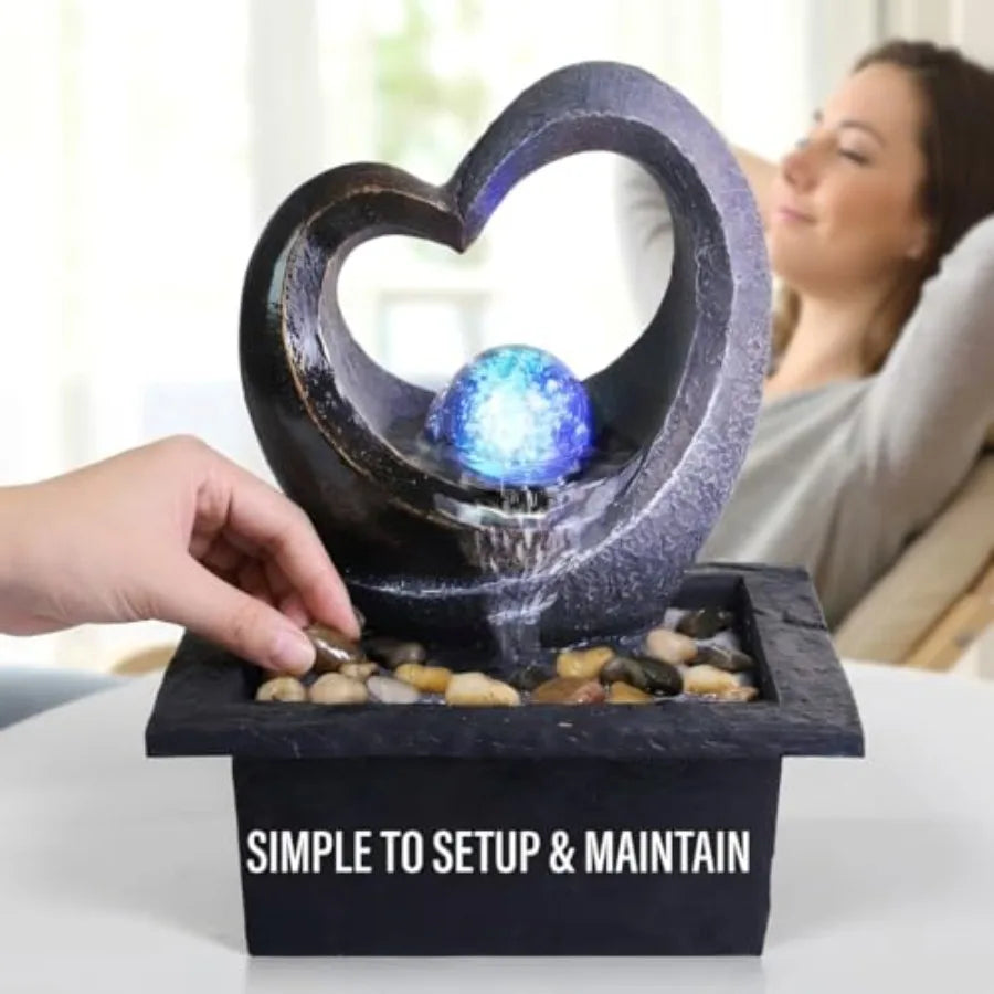 Tabletop Water Fountain Zen Meditation Indoor Waterfall Fountain Heart Shape Decoration with LED Light for Home Office Bedroom