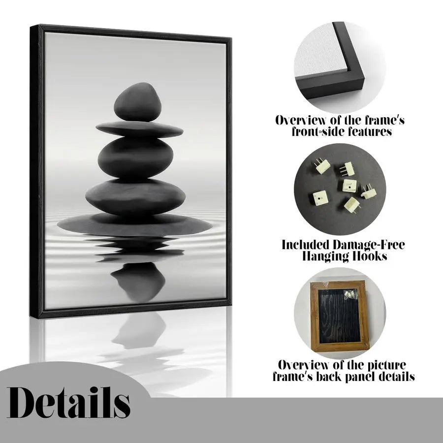 Framed Black and White Bathroom Wall Art Zen Stones in the water Bathroom Wall Art Yoga Meditation Picture Wall Decor Spa Room B