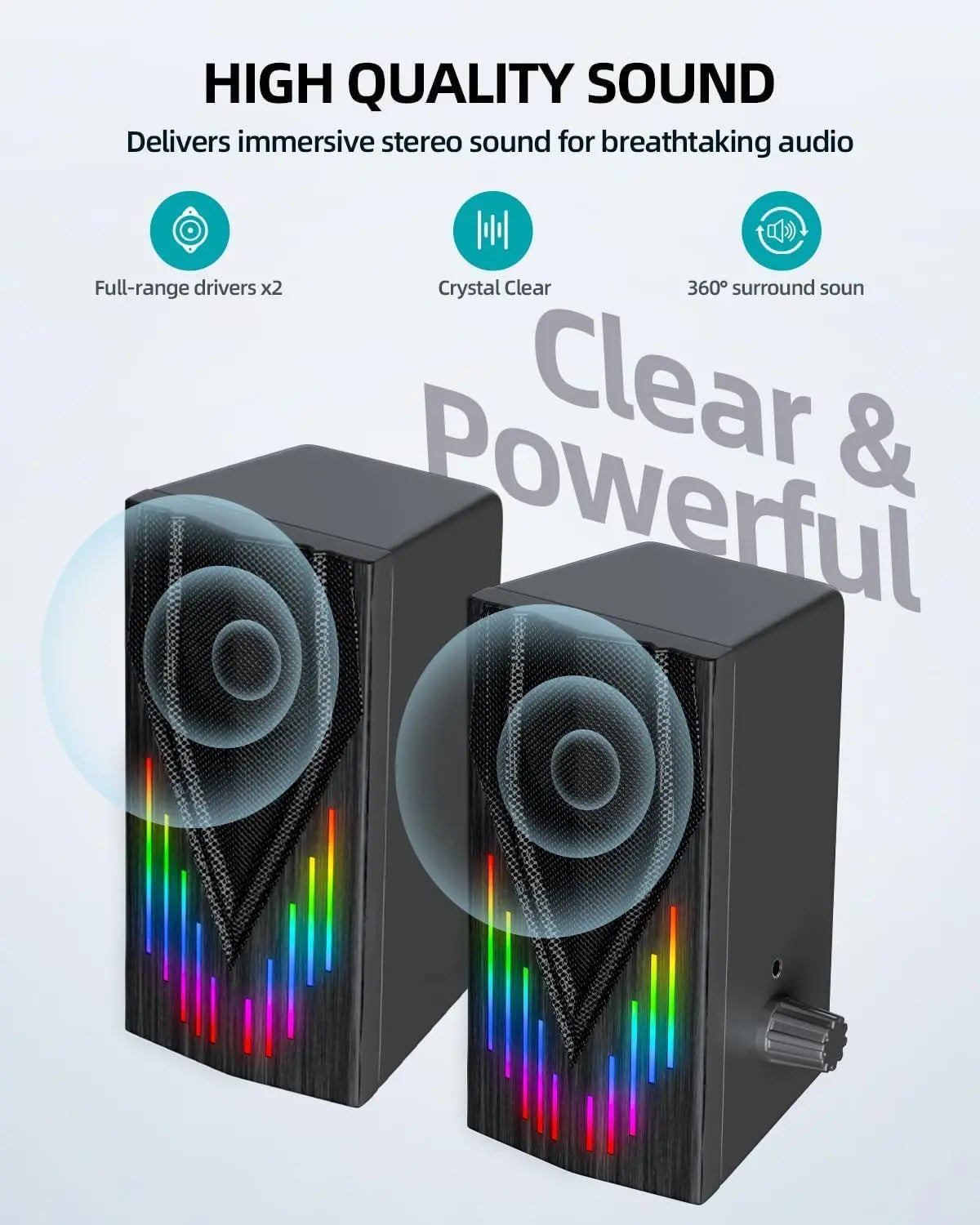 USB-Powered Computer Speakers with RGB Lights, Stereo Sound for PC/Laptop/Tablet