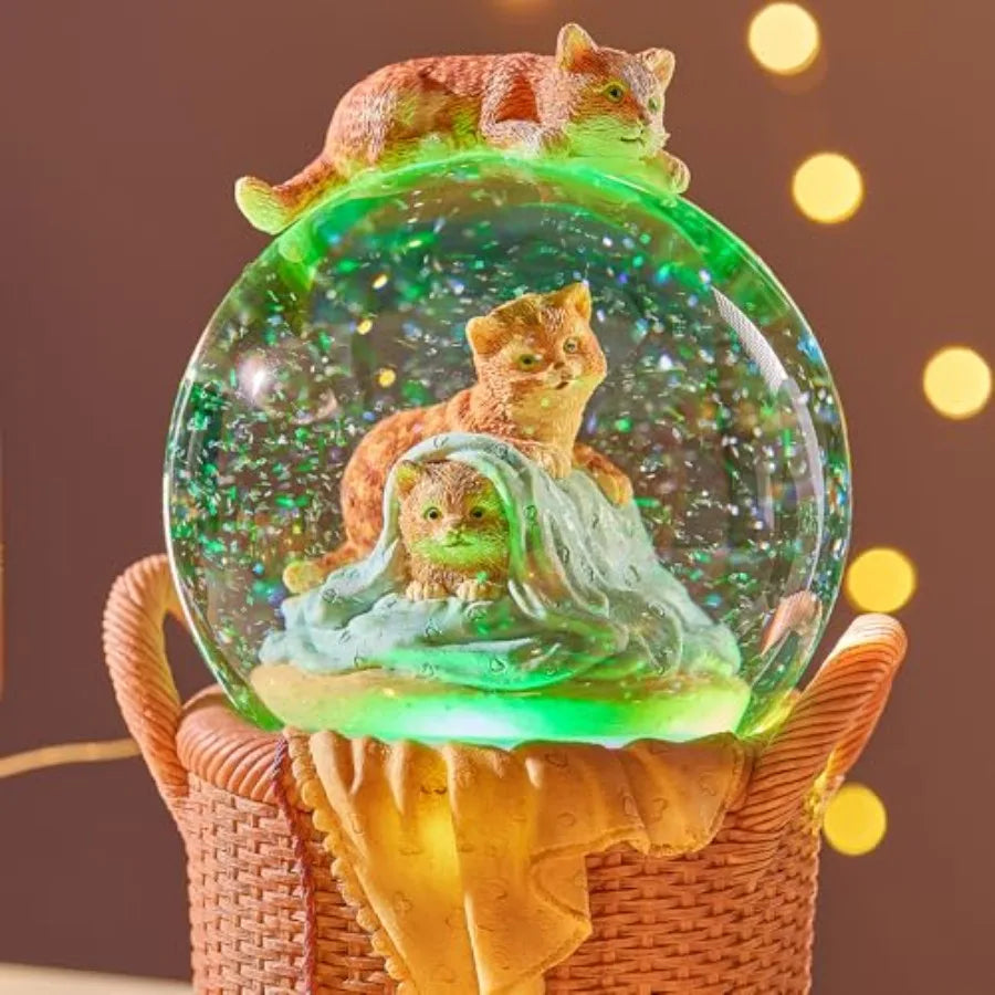 Gift Wrapped Music Box Cat Lovers Flower Basket Musical Snow Globe Decoration in Pink for Girls and Women Niece Sister Daughter