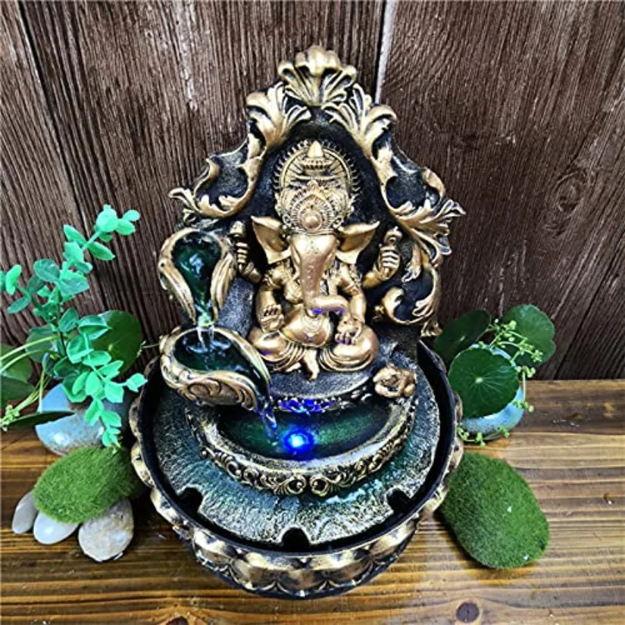Ganesha Statues Indoor Water Fountain Elephant Buddah Statute Tabletop Fountain with Rolling Ball Zen Fountain for Home Office