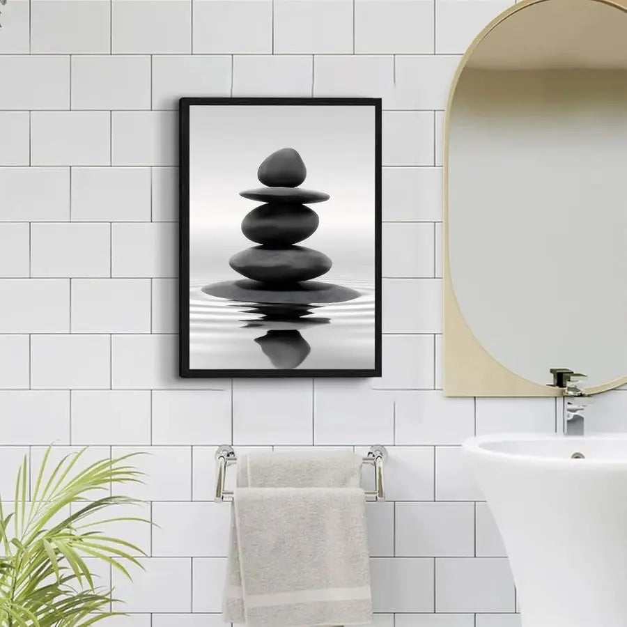 Framed Black and White Bathroom Wall Art Zen Stones in the water Bathroom Wall Art Yoga Meditation Picture Wall Decor Spa Room B