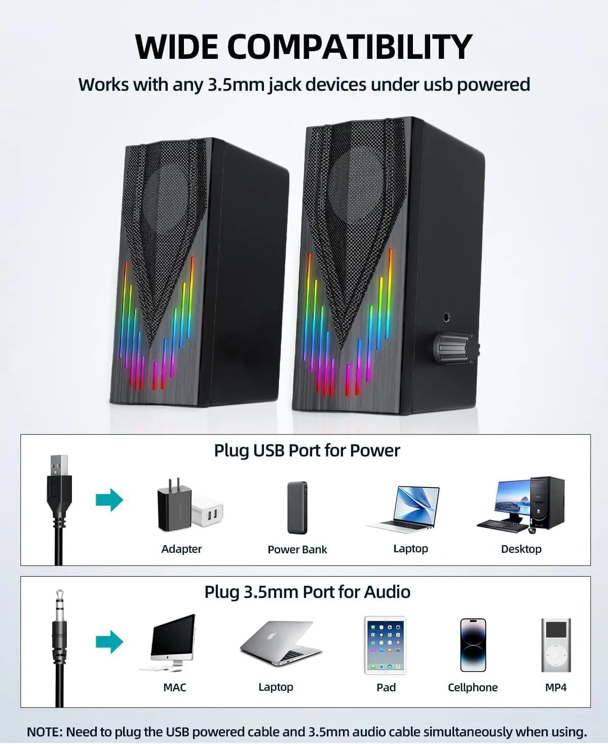 USB-Powered Computer Speakers with RGB Lights, Stereo Sound for PC/Laptop/Tablet