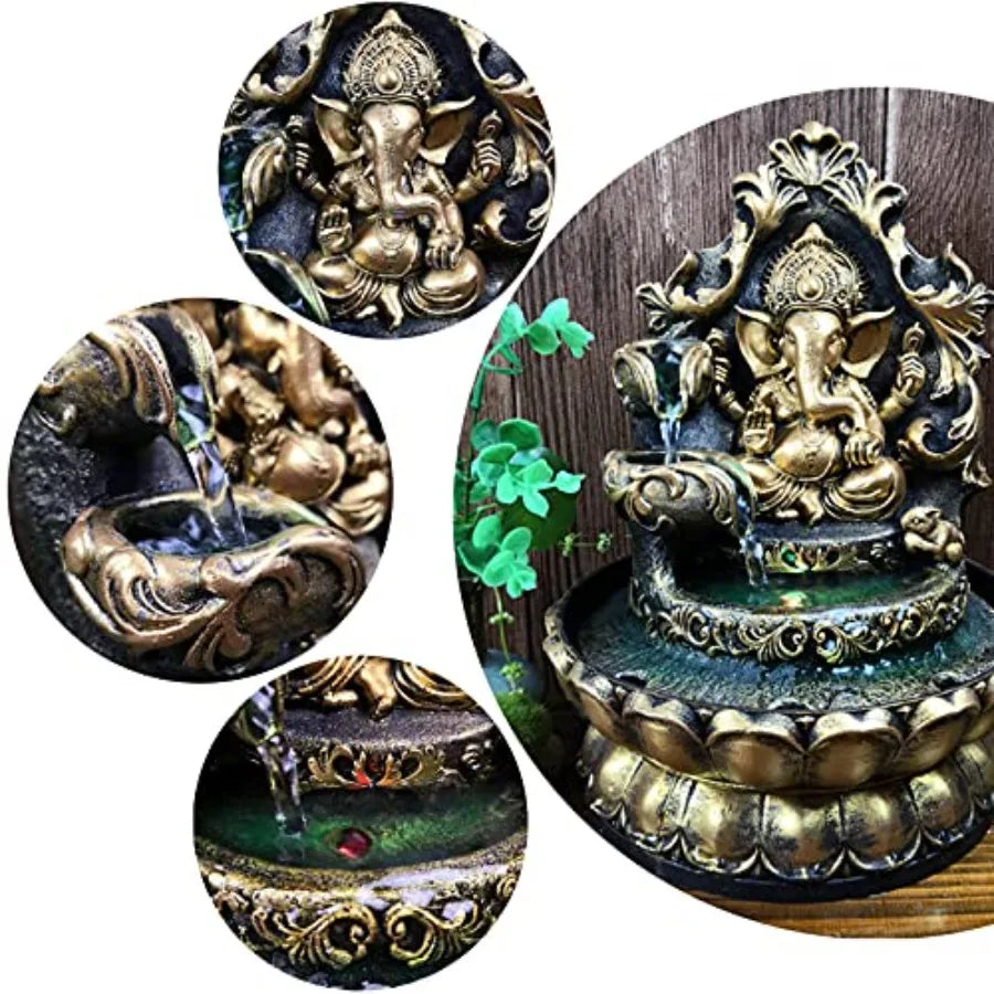 Ganesha Statues Indoor Water Fountain Elephant Buddah Statute Tabletop Fountain with Rolling Ball Zen Fountain for Home Office