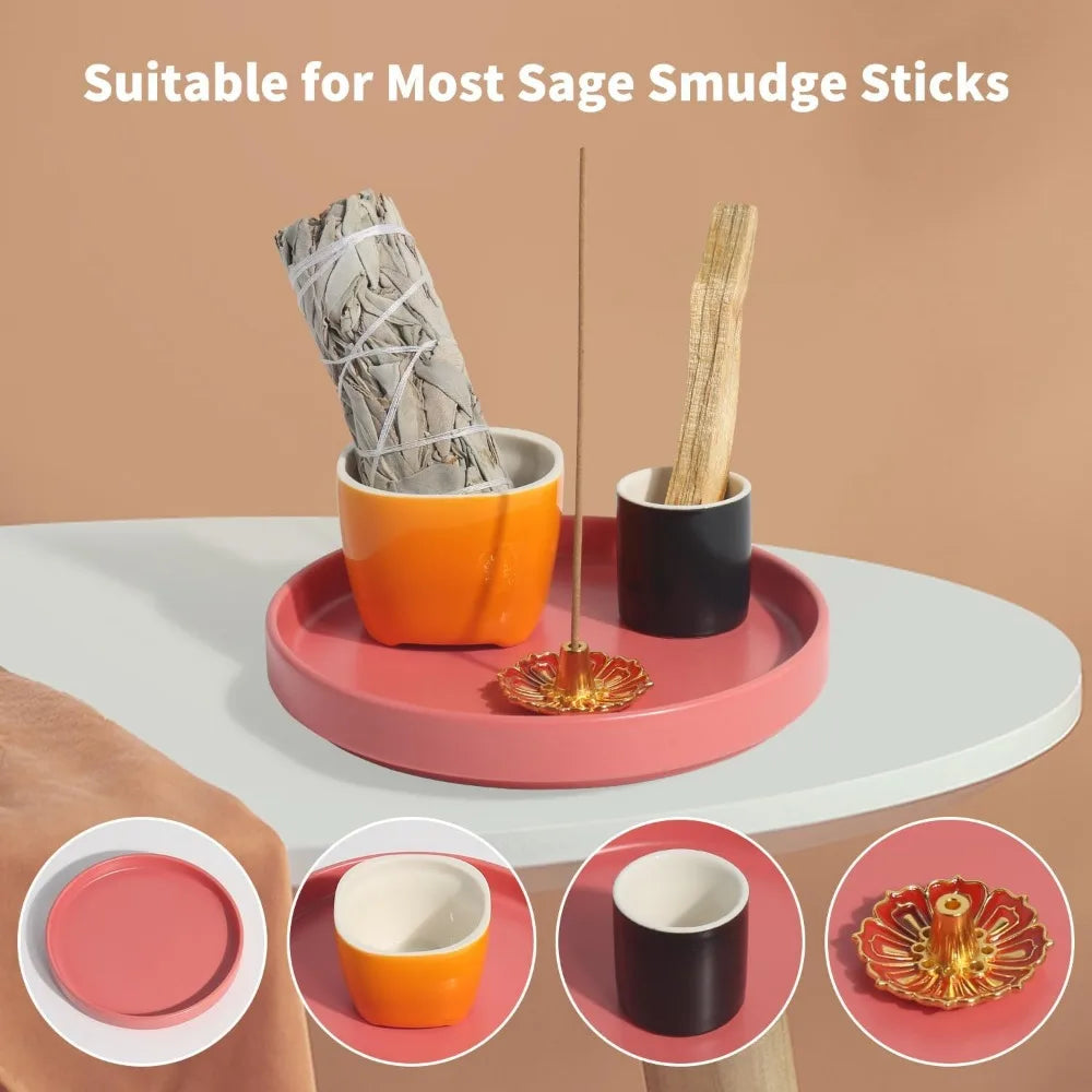 4 in 1 incense holder, 5.5" ceramic palo santo stick holder, sage holder for burning, sage incense burner for meditation yoga ro