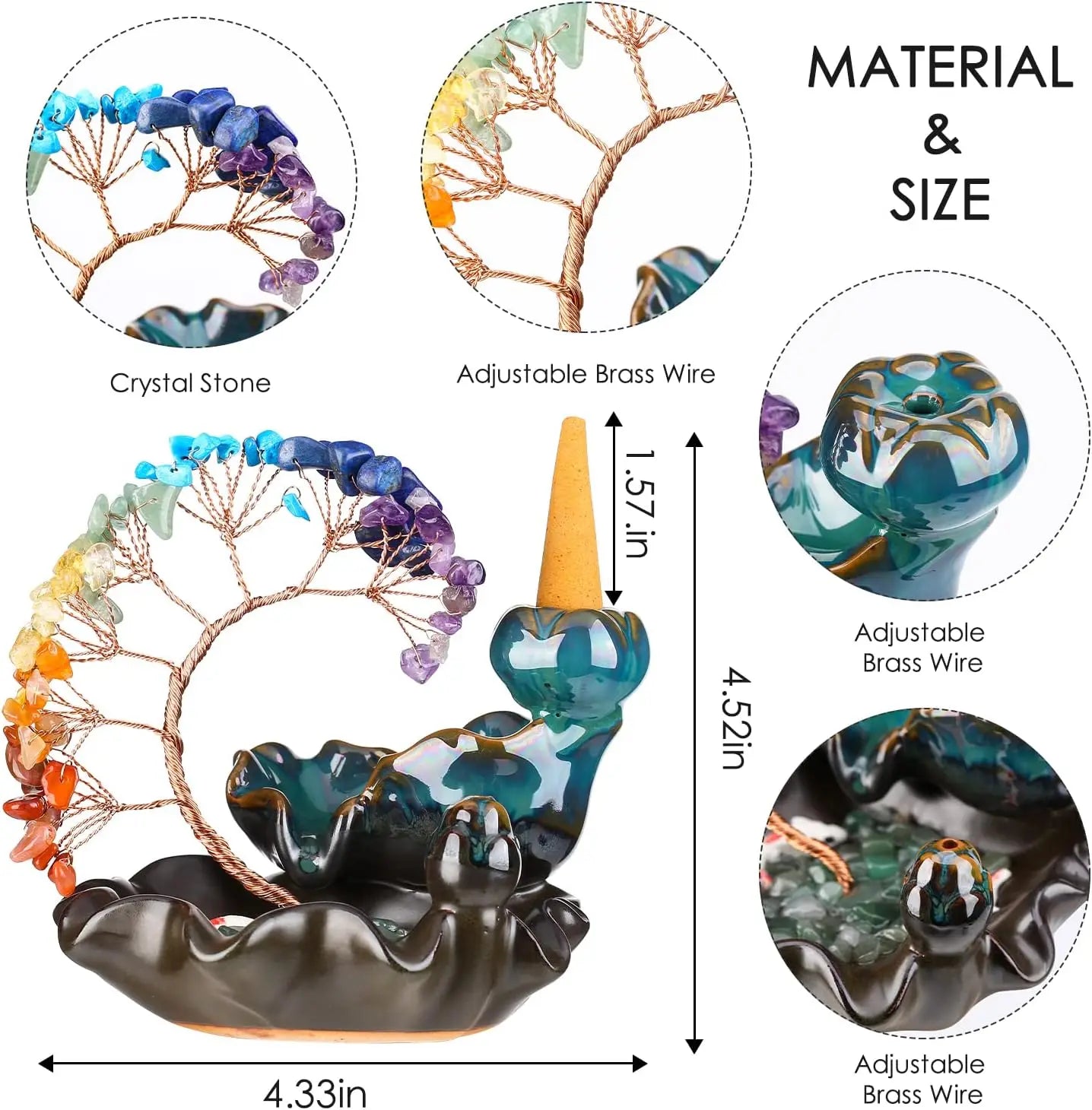 Backflow Incense Burner Waterfall with 7 Chakra Crystal Tree - Yoga Meditation Home Decor