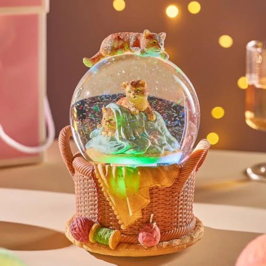 Gift Wrapped Music Box Cat Lovers Flower Basket Musical Snow Globe Decoration in Pink for Girls and Women Niece Sister Daughter