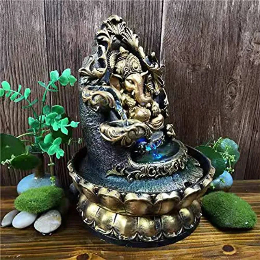 Ganesha Statues Indoor Water Fountain Elephant Buddah Statute Tabletop Fountain with Rolling Ball Zen Fountain for Home Office
