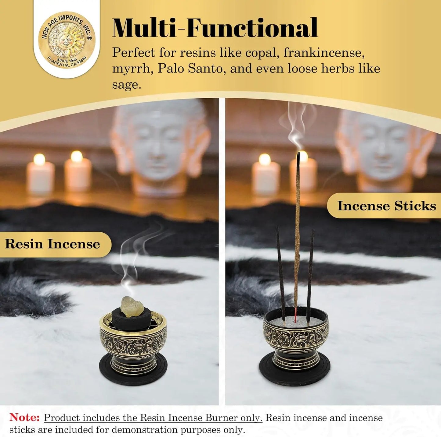 Small Brass Charcoal Screen Incense Burner with Wooden Coaster - Handcrafted, Intricate Design, Compact for Meditation