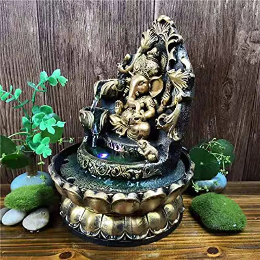 Ganesha Statues Indoor Water Fountain Elephant Buddah Statute Tabletop Fountain with Rolling Ball Zen Fountain for Home Office