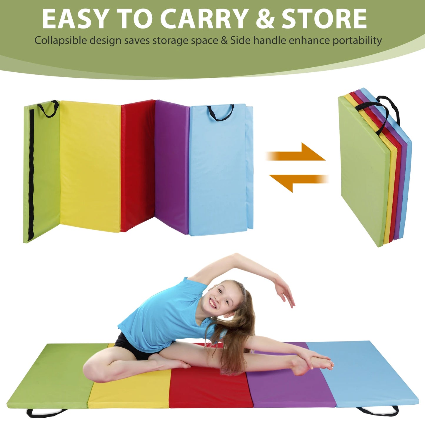 6'x2.5' Gymnastics Mat Foldable Tumbling Mat for Kids w/Carrying Handle Rainbow