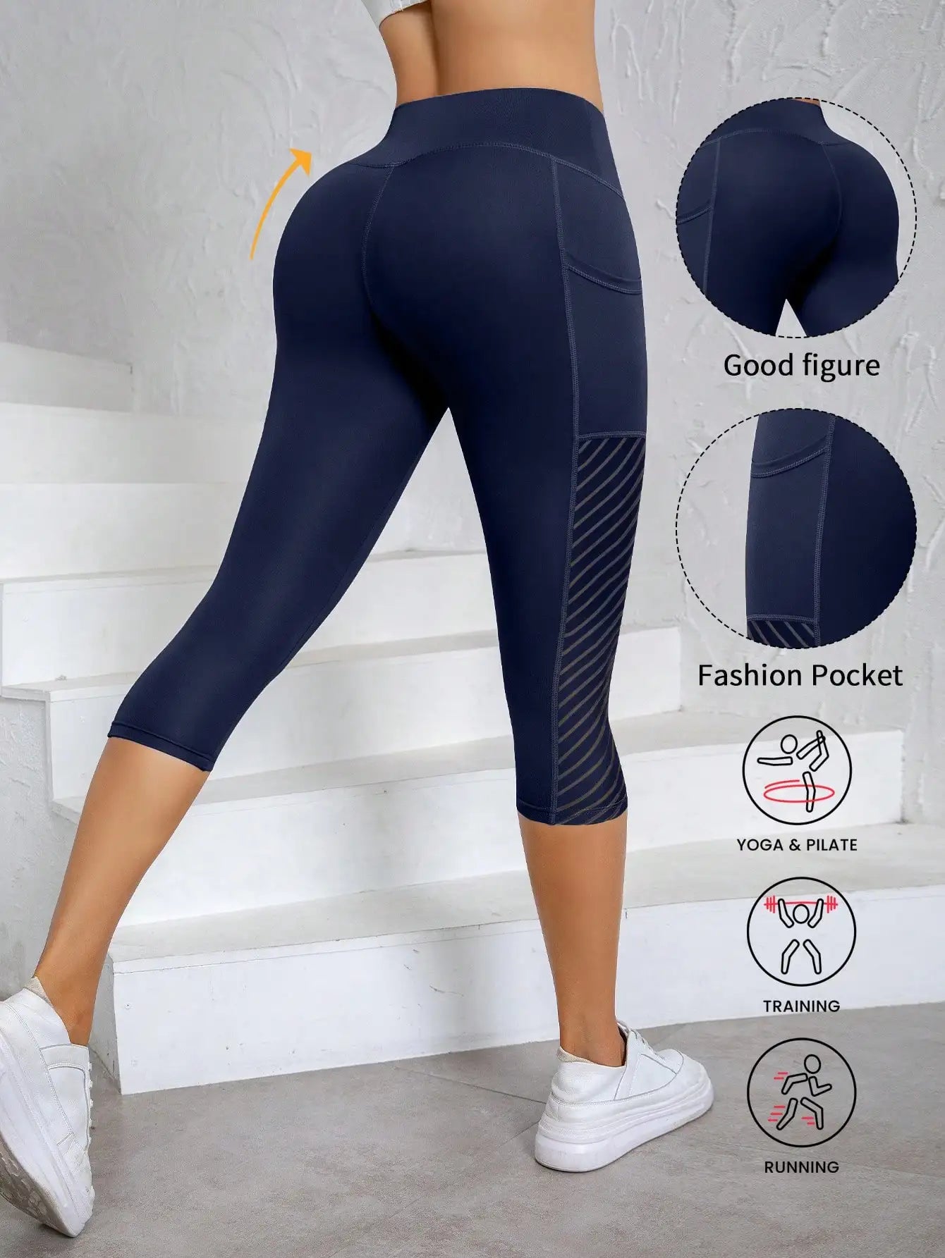 High Waist Capri Leggings With Side Pockets Breathable Stretch Sports Pants For Women