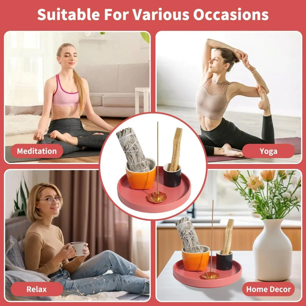 4 in 1 incense holder, 5.5" ceramic palo santo stick holder, sage holder for burning, sage incense burner for meditation yoga ro