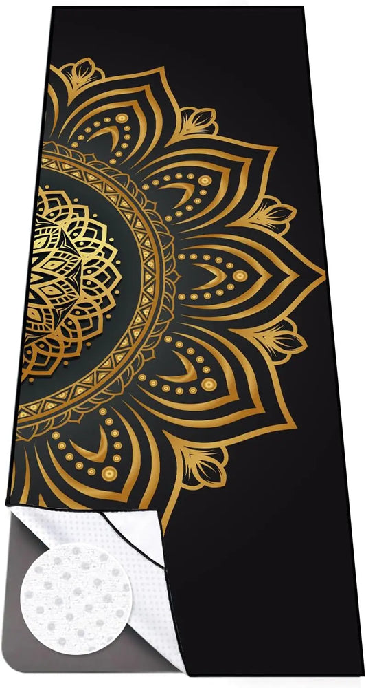 Non-Slip Yoga Towel with Corner Pockets, Sweat Absorbent Mat Cover for Workout and Fitness - 70"x26", Gold Mandala Design
