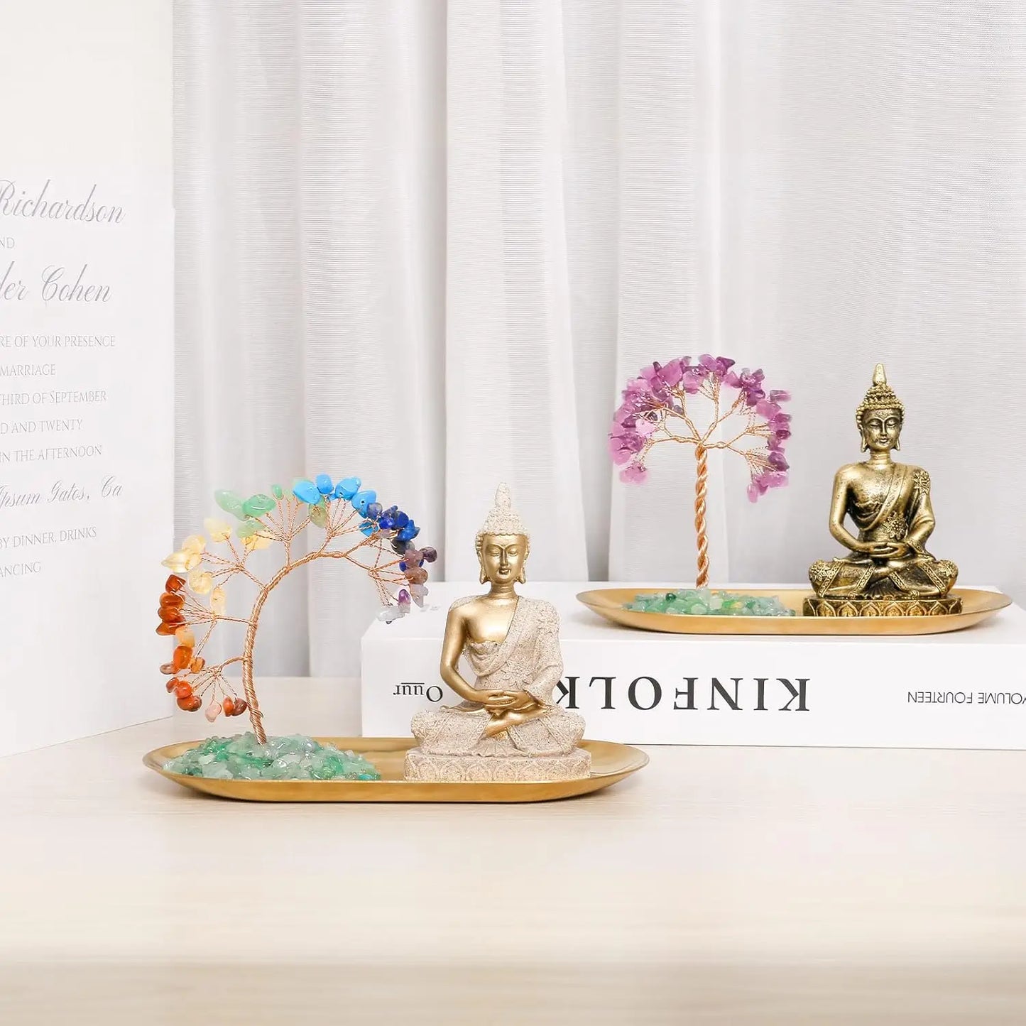 7 Chakra Crystal Tree and Buddha Statue Set, Yoga Meditation Decor for Home Office Shelf, Wealth Luck