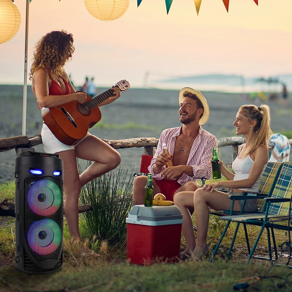 BT Speaker Portable Speaker with Double Subwoofer Deep Bass Lights Loud Boombox Support USB/TF/AUX/FM/BT/MIC for Outdoor Party