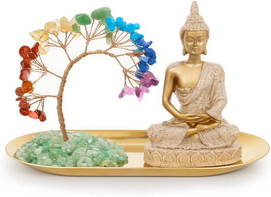 7 Chakra Crystal Tree and Buddha Statue Set, Yoga Meditation Decor for Home Office Shelf, Wealth Luck