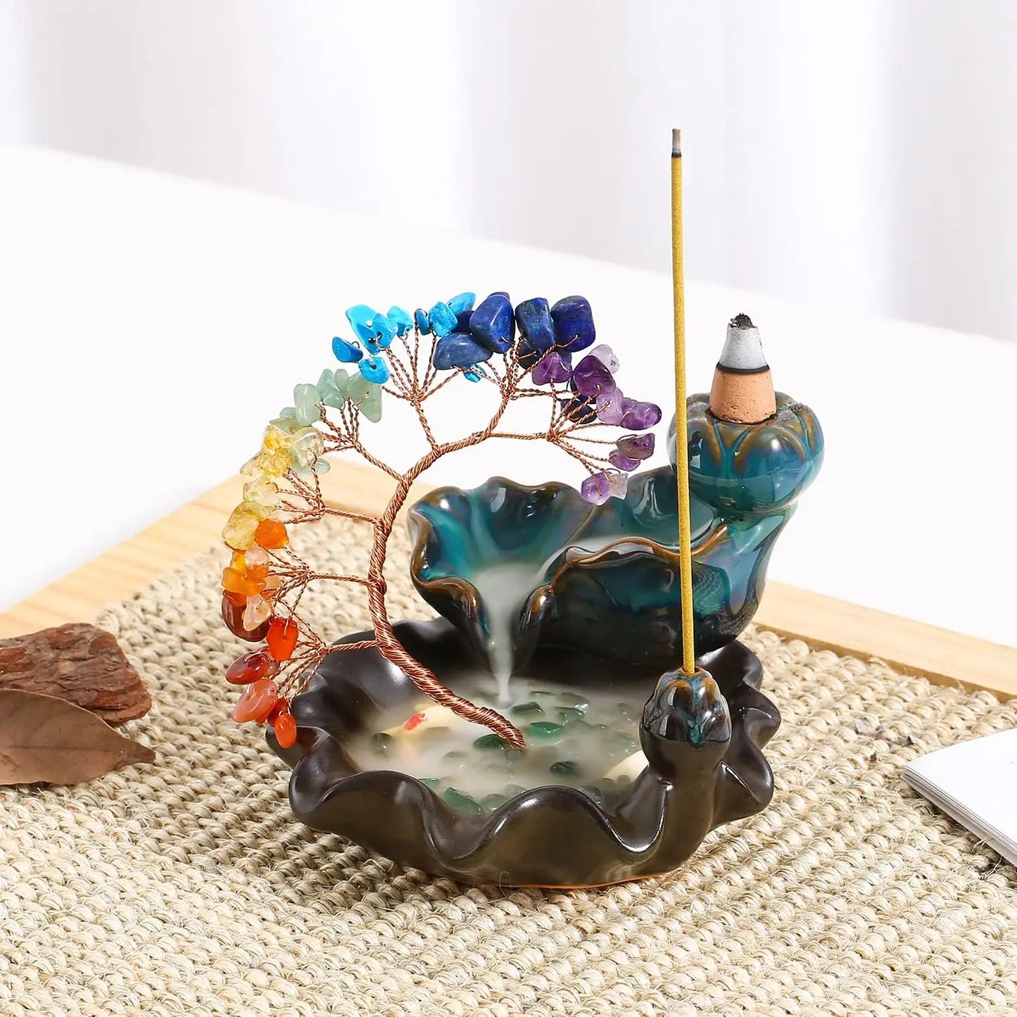 Backflow Incense Burner Waterfall with 7 Chakra Crystal Tree - Yoga Meditation Home Decor
