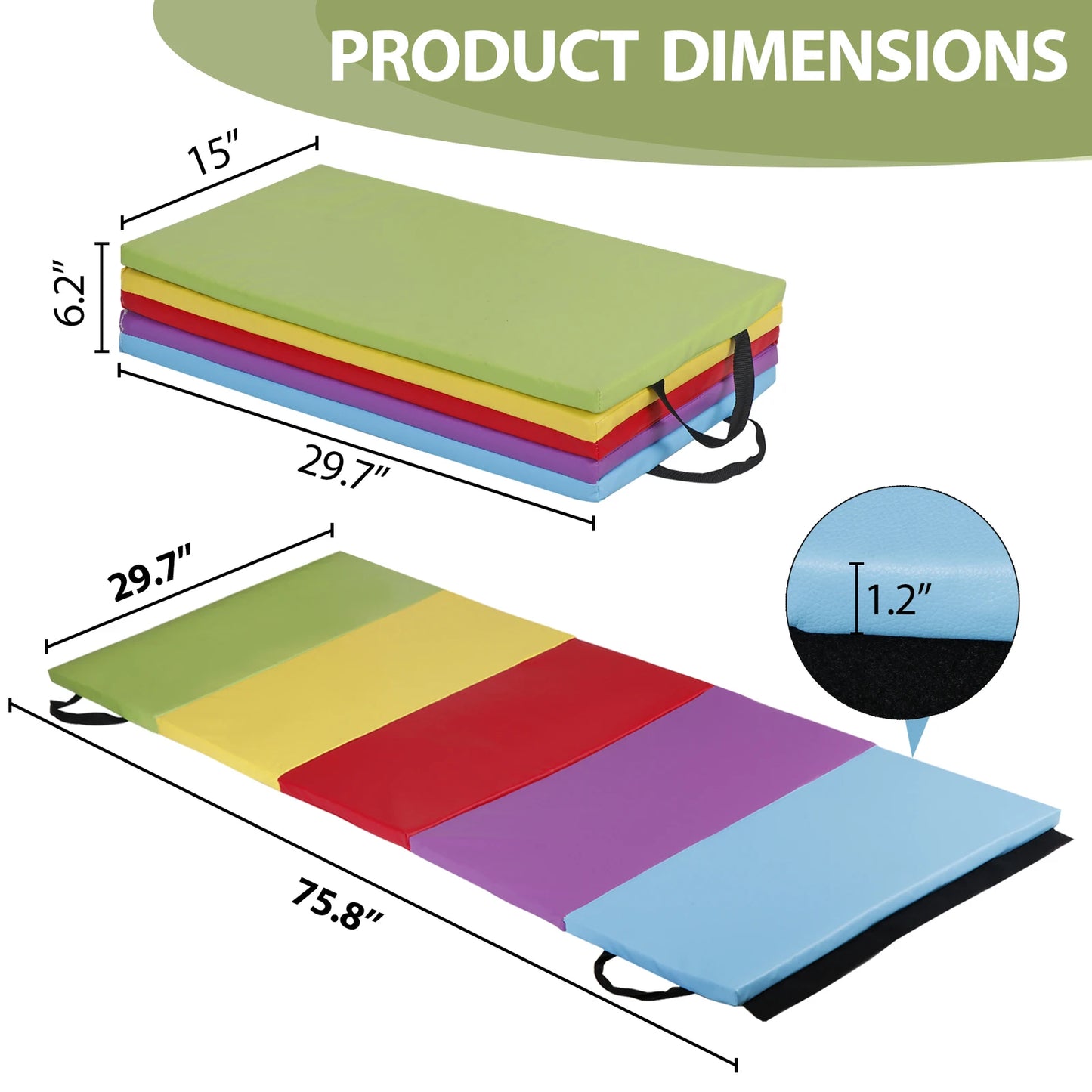 6'x2.5' Gymnastics Mat Foldable Tumbling Mat for Kids w/Carrying Handle Rainbow