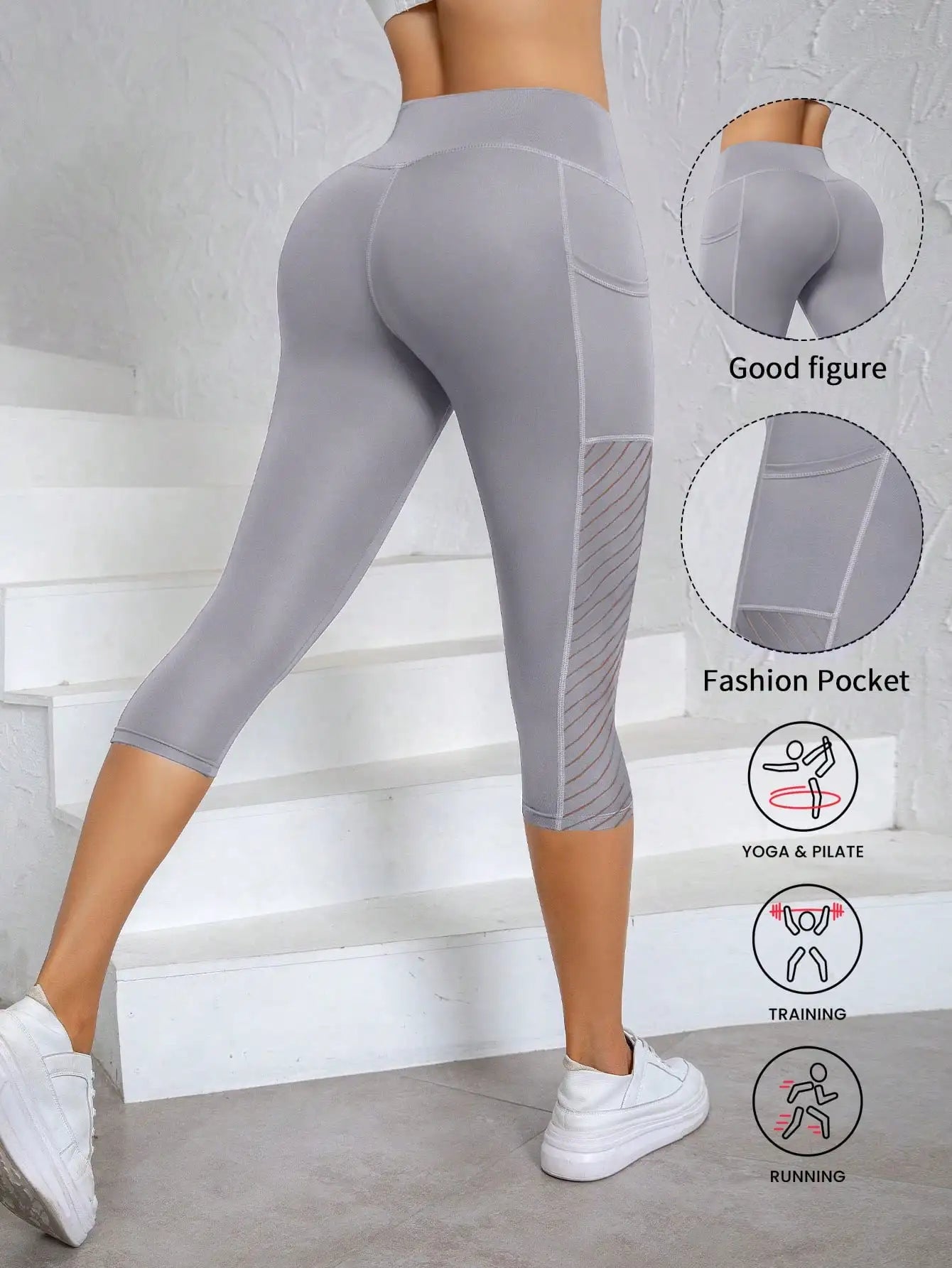 High Waist Capri Leggings With Side Pockets Breathable Stretch Sports Pants For Women
