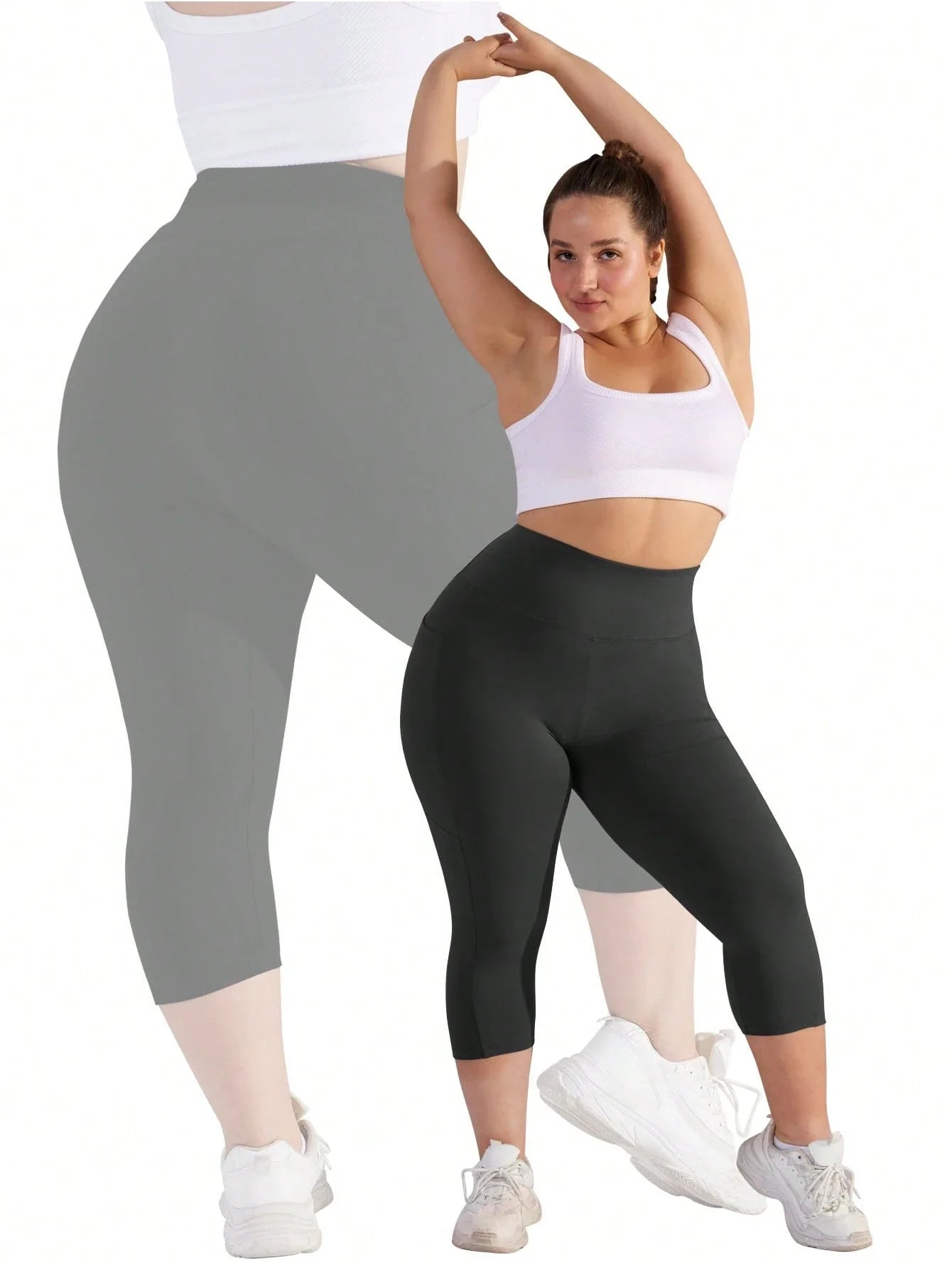 Womens Plus Size High Waist 7/8 Leggings With Side Pockets Stretch Yoga Pants