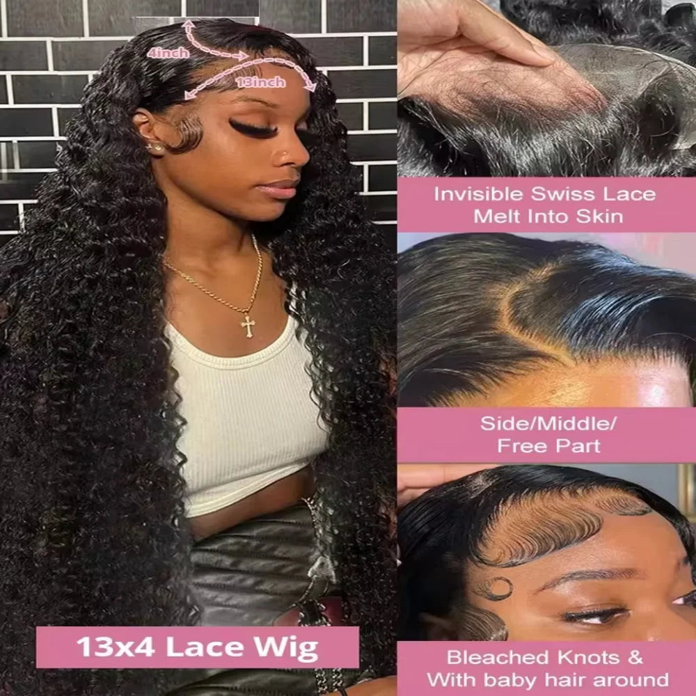 250 Density 40 42 Inch Loose Deep Wave Lace Frontal Wig 13x4 Hd Curly Human Hair Wigs  Water Wave Pre plucked Lace Front Wig