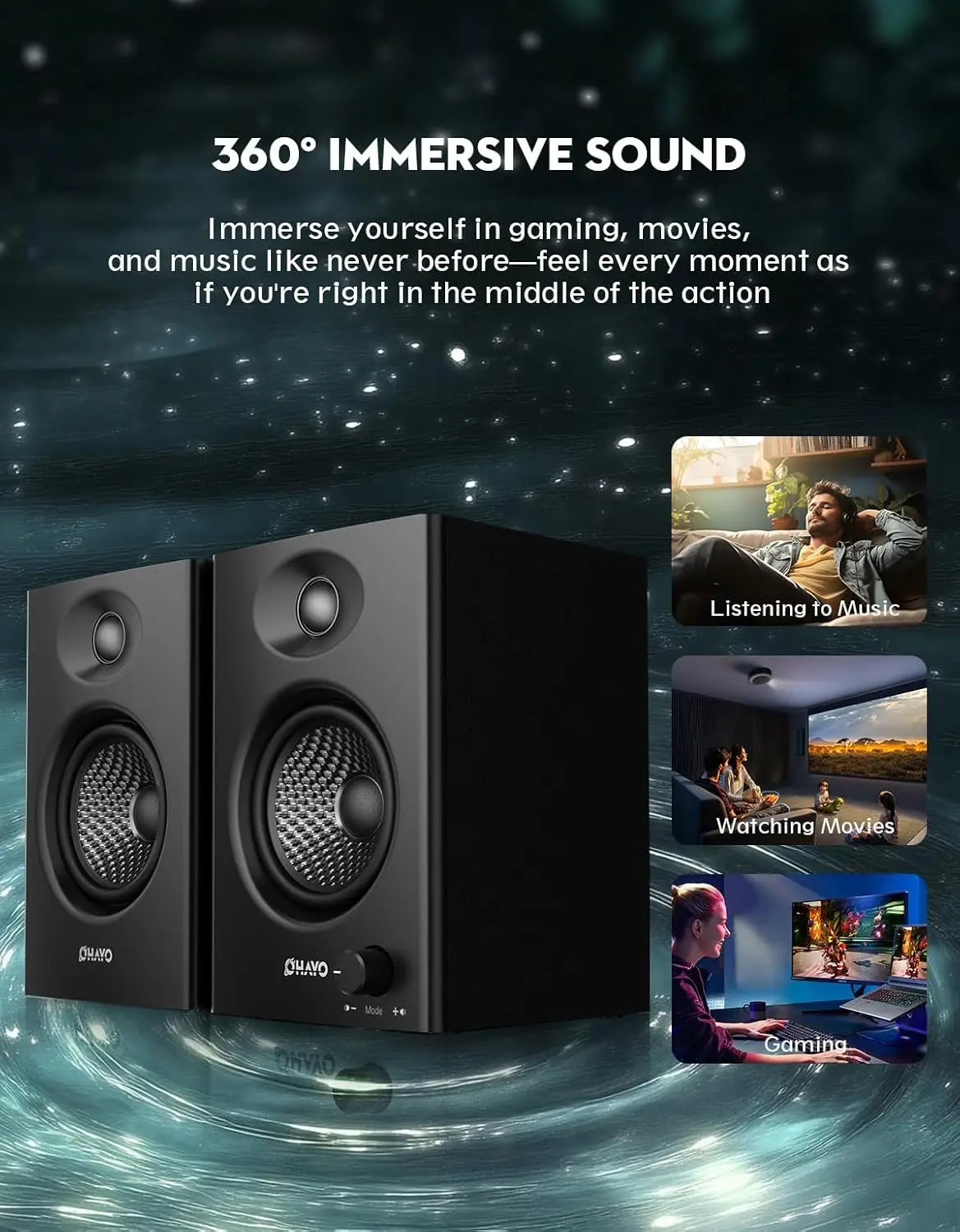 OHAYO Active Bluetooth 5.3 Bookshelf Speakers, 60W MDF Wooden Speaker Unit , 2.0 Computer PC Monitor Gaming Speakers,RCA/AUX/USB