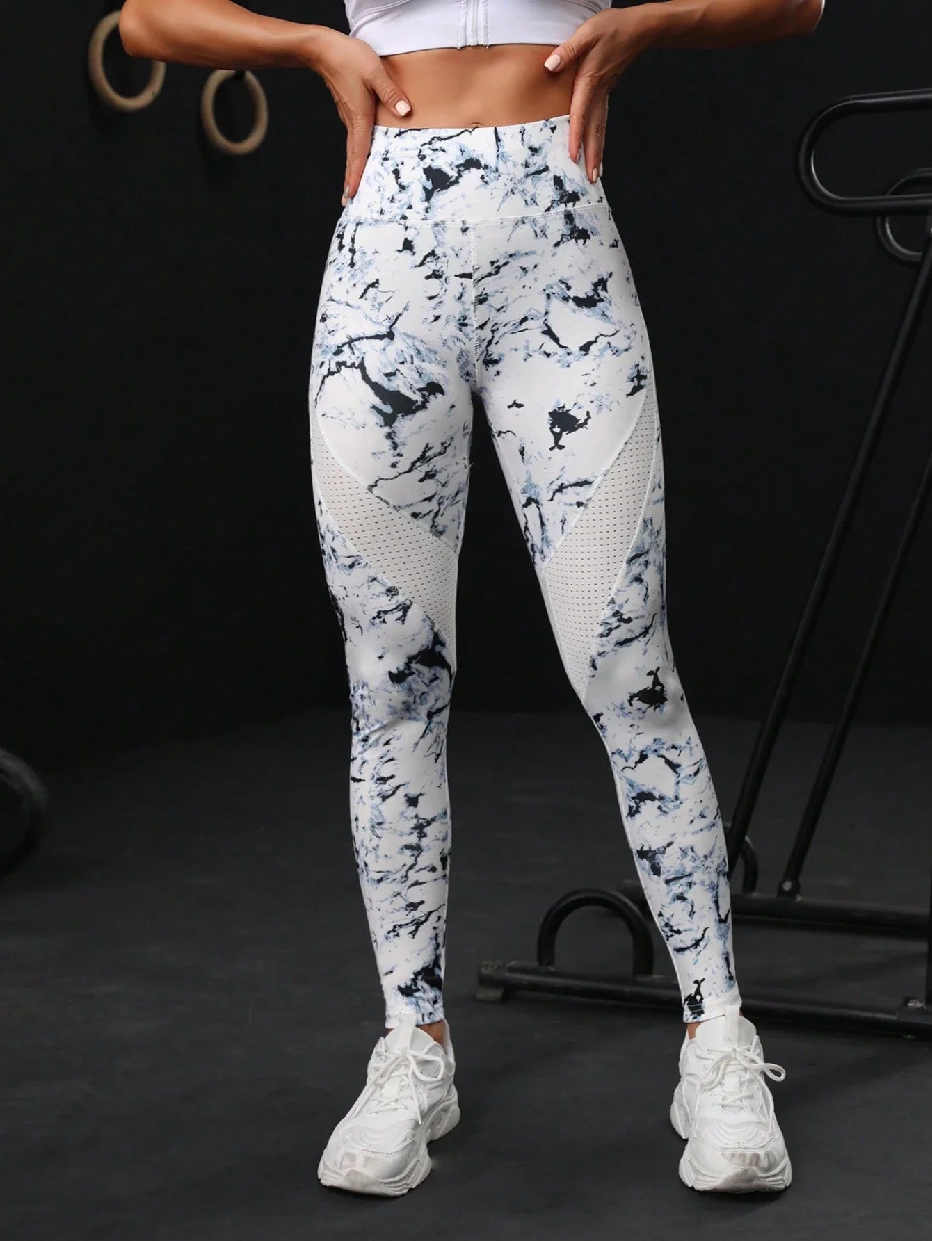 High Waisted Marble Print Yoga Leggings With Mesh Side Panels