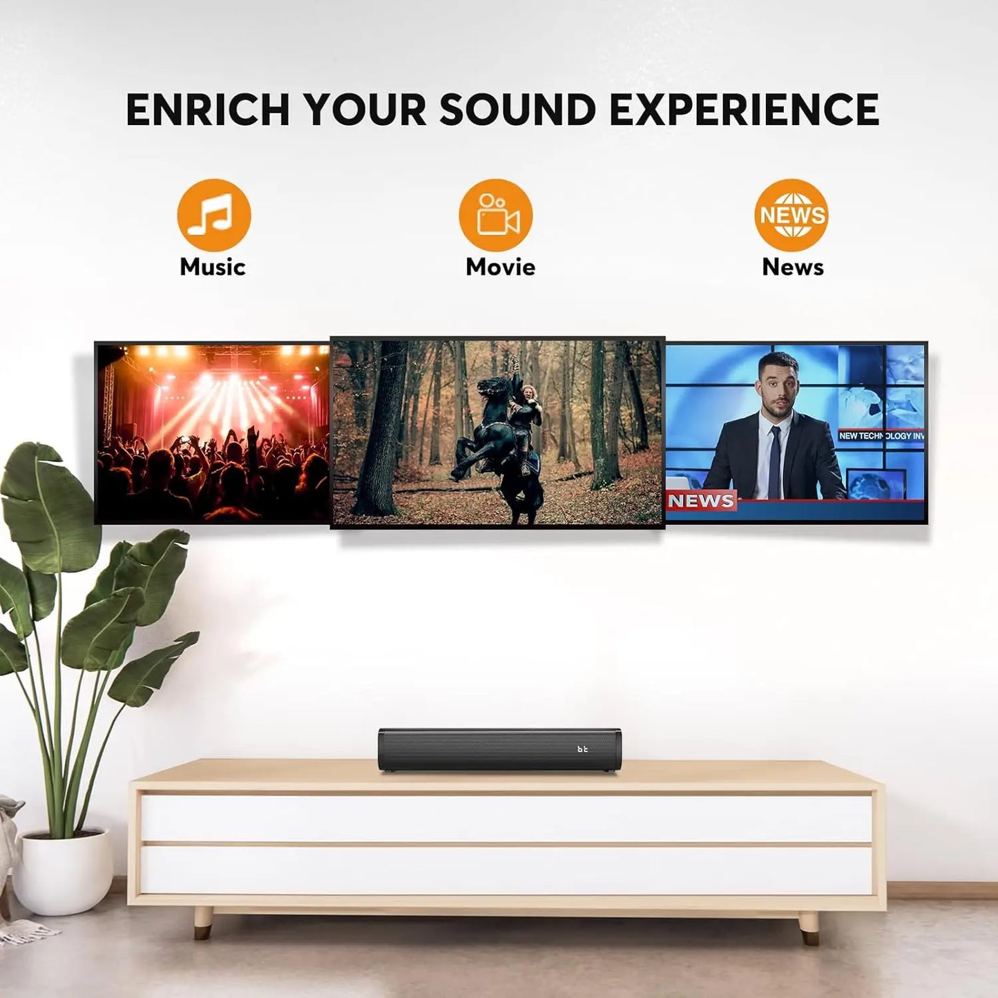 2.1 Sound Bar for TV with Built-in Subwoofer, Bluetooth 5.3, Optical/AUX/USB, Wall Mount, 6 Voice Levels