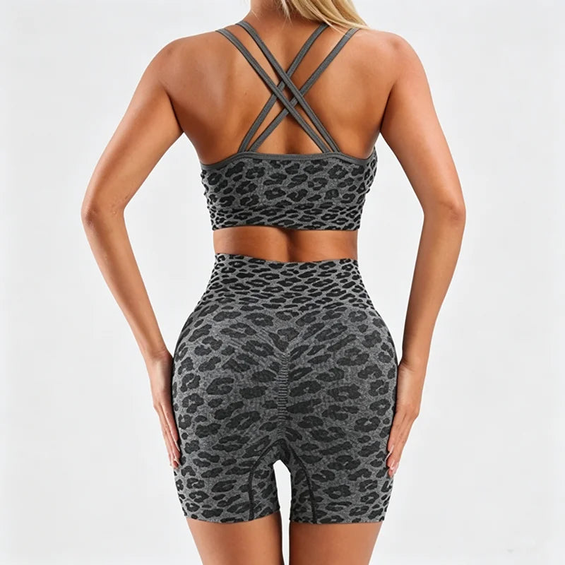 Women's Leopard Print Workout Sets 2 Piece Outfits Crop Tank Tops and Shorts Sports Yoga Gym Tracksuit