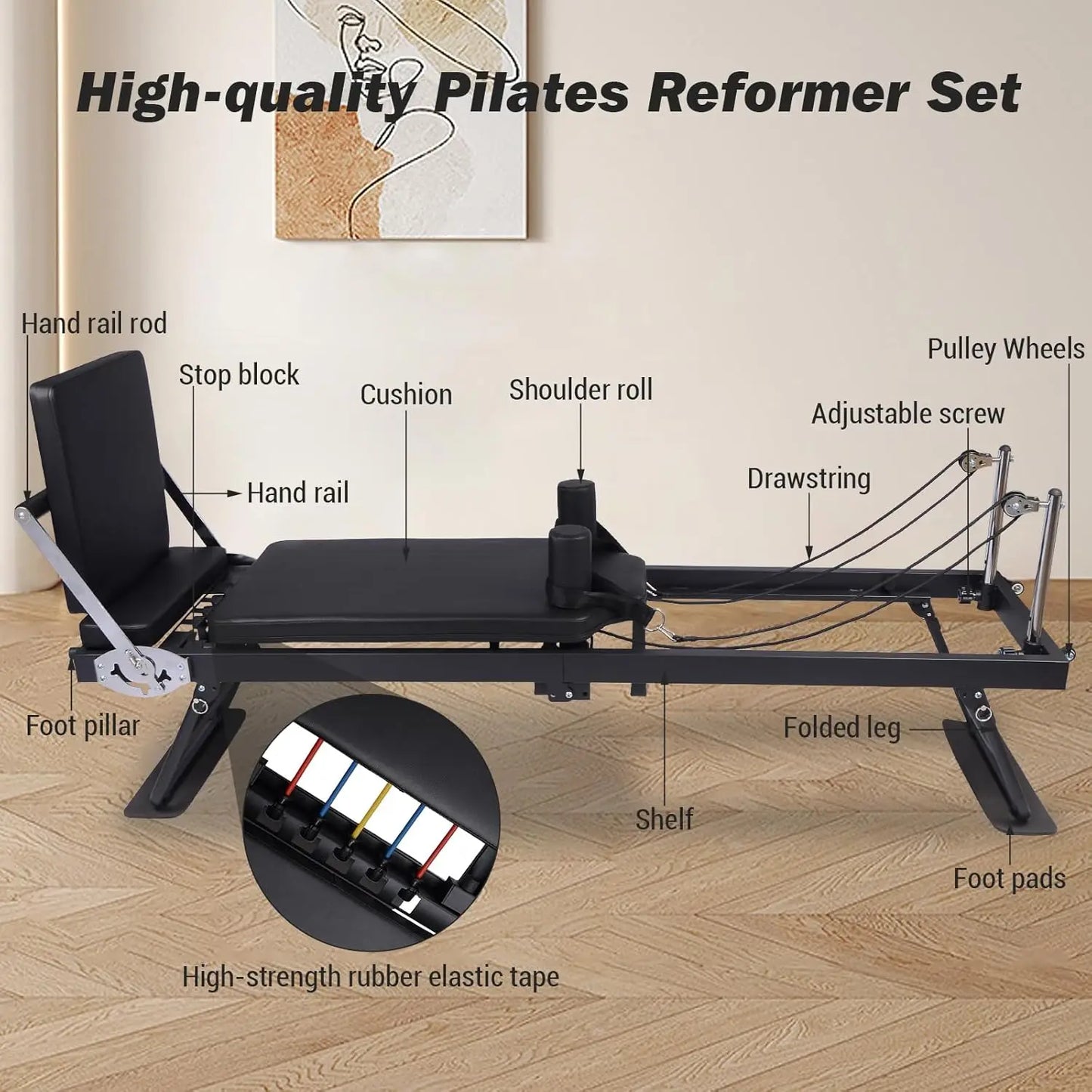 Foldable Reformer Pilates Machine with Adjustable Reformer Heights, Pilates Equipment with Piano Wire Spings and Jump Boards
