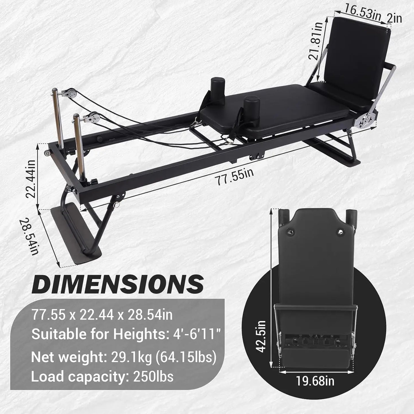 Foldable Reformer Pilates Machine with Adjustable Reformer Heights, Pilates Equipment with Piano Wire Spings and Jump Boards