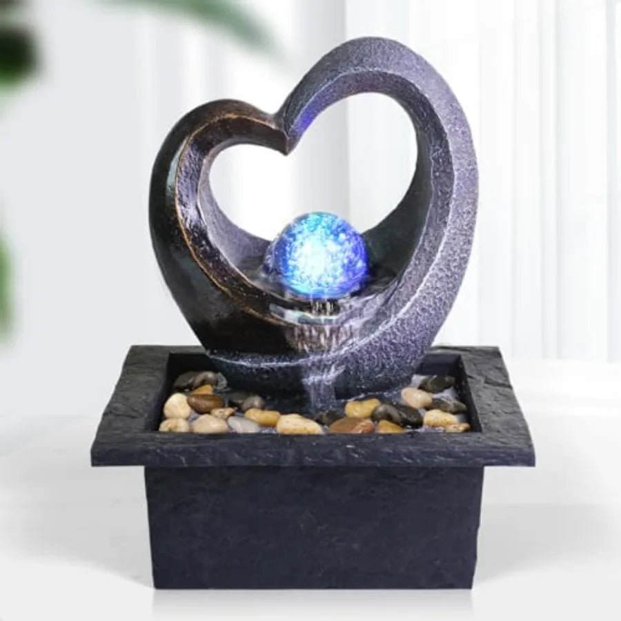 Tabletop Water Fountain Zen Meditation Indoor Waterfall Fountain Heart Shape Decoration with LED Light for Home Office Bedroom