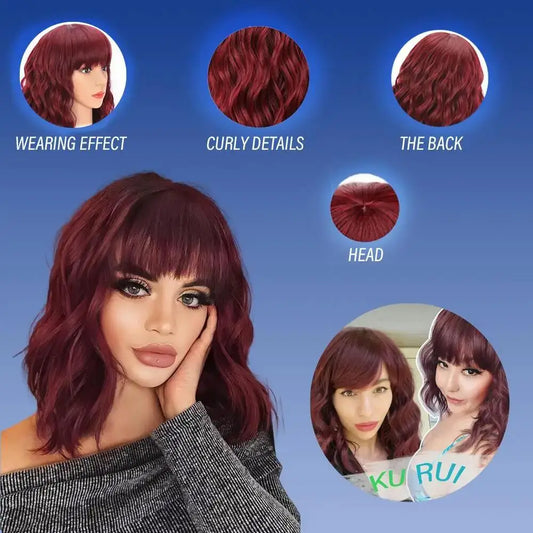 Natural Synthetic Curly Wavy Bob Wig With Bangs For Women