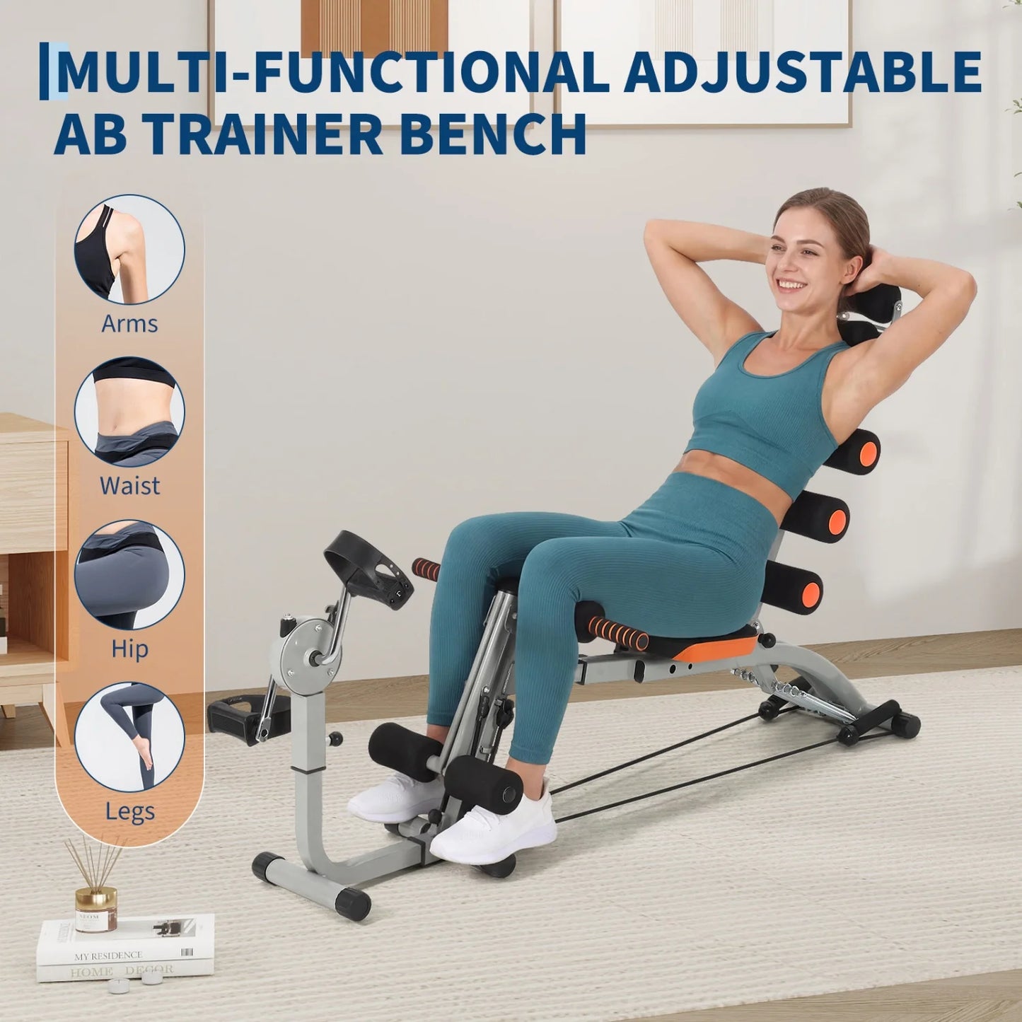 Adjustable Ab Bench with Resistance Bands for Core & Full Body Workout– Collapsible Sit-Up Bench,Home Gym Fitness Equipment