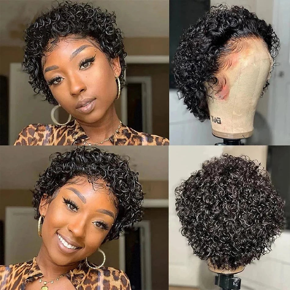 200% Destiny Short Pixie Cut Wig Peruvian Water Wave Human Hair Wigs For Black Women Deep Curly 13X1 Lace Front Wigs for Women