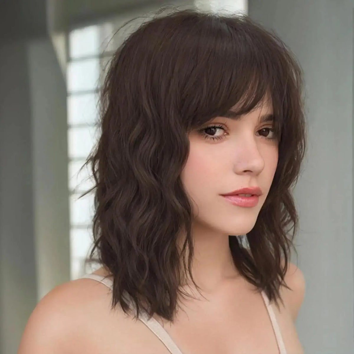 HAIR Natural Brown Synthetic Curly Wavy Bob Wig with Bangs for Women#Color:HY-751-6,Bulk Buy:1 PC