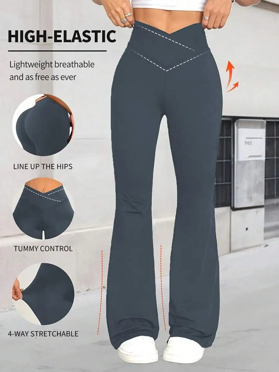 [Extremely Soft] Criss-Cross Elastic Flare Pants, Minimalist High Waist Commuting & Yoga Pants, Sexy Casual Sports Leggings, Sin