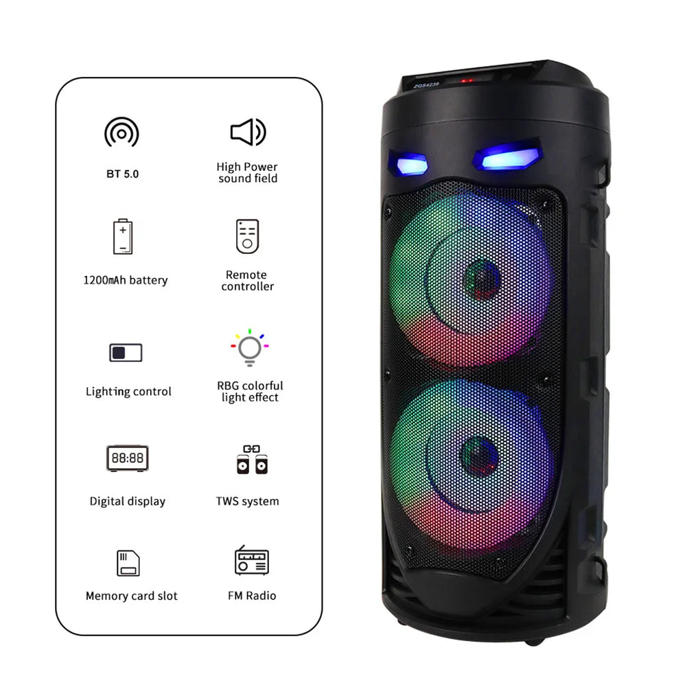 BT Speaker Portable Speaker with Double Subwoofer Deep Bass Lights Loud Boombox Support USB/TF/AUX/FM/BT/MIC for Outdoor Party