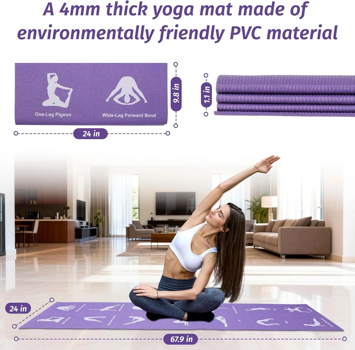 Extra Thick Foldable Yoga Mat with Printed Pose Chart for Pilates and Core Training at Home